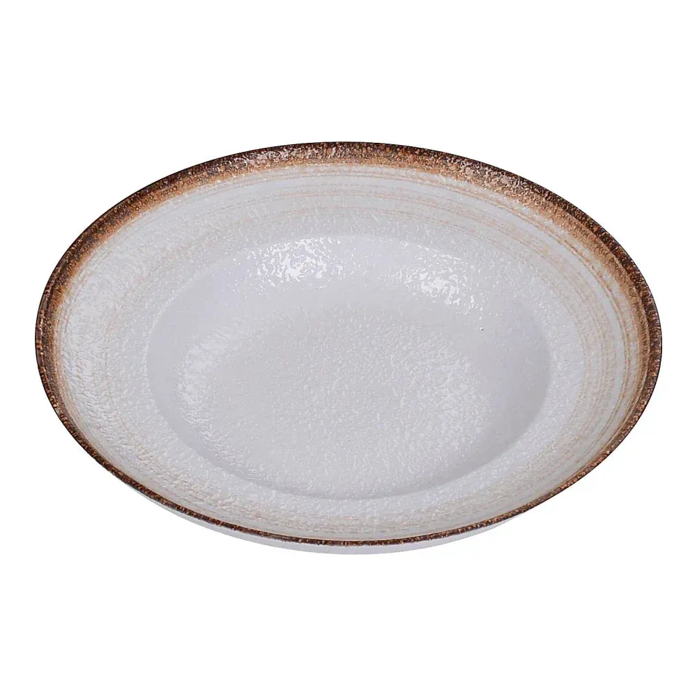 Yanco China two-tone chinaware Mediterranean pasta bowl in white and taupe coupe design, perfect for serving flavorful pasta, salads, or mains.