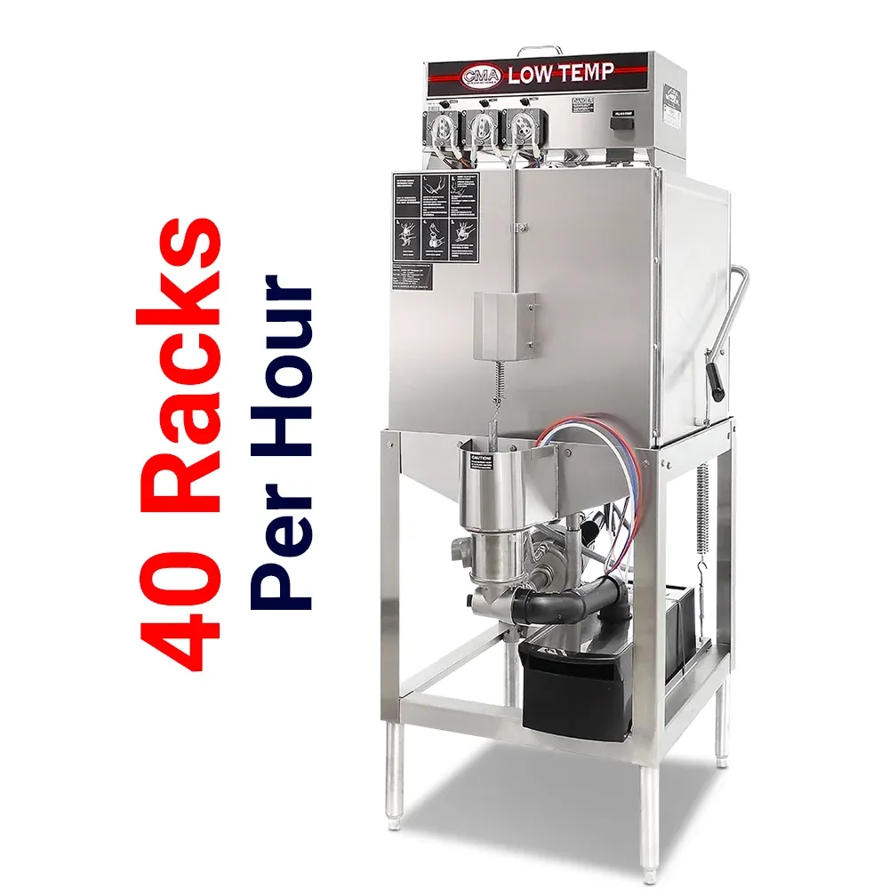 single-rack upright low-temp CMA dishwasher fits pots, trays, and pans in compact kitchen spacesideal for glassware and cookware cleaning.