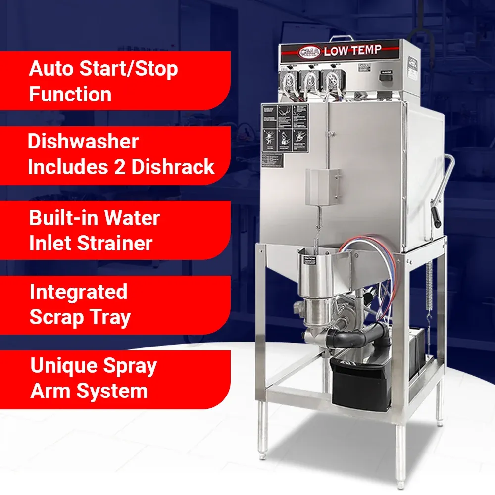single-rack upright low-temp CMA dishwasher fits pots, trays, and pans in compact kitchen spacesideal for glassware and cookware cleaning.