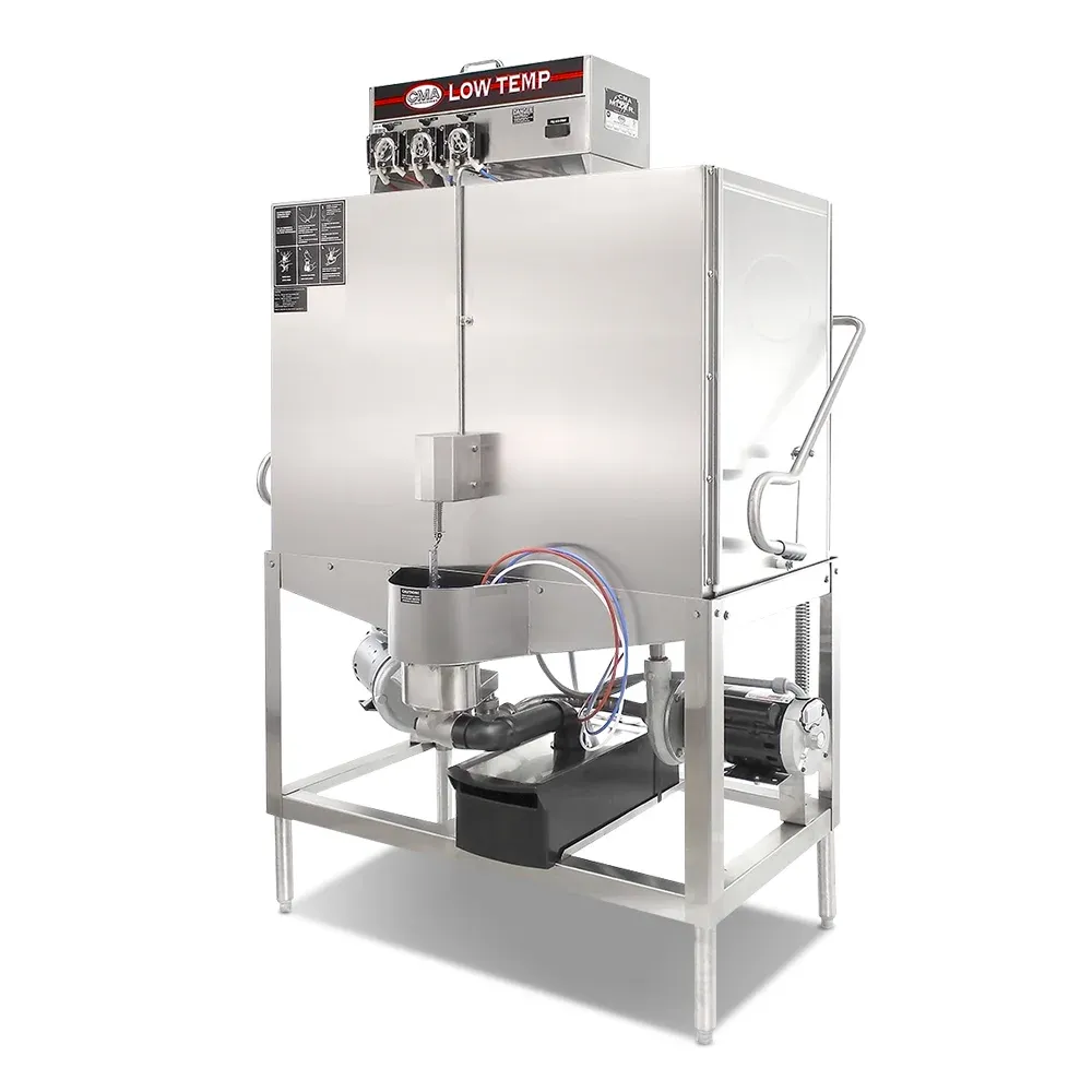 double-rack low-temp CMA dishwasher for high-volume hotel kitchens, handling large pots with quiet, energy-efficient performance in upright format.