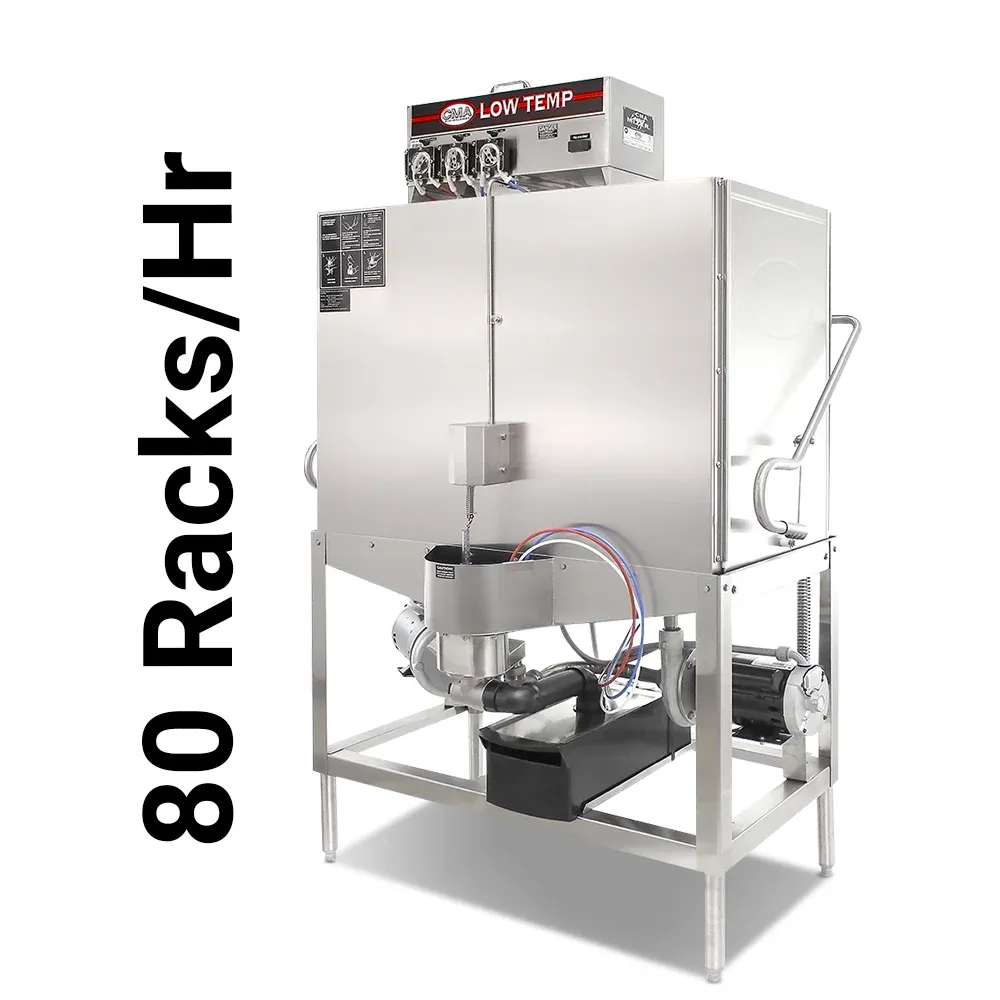 double-rack low-temp CMA dishwasher for high-volume hotel kitchens, handling large pots with quiet, energy-efficient performance in upright format.