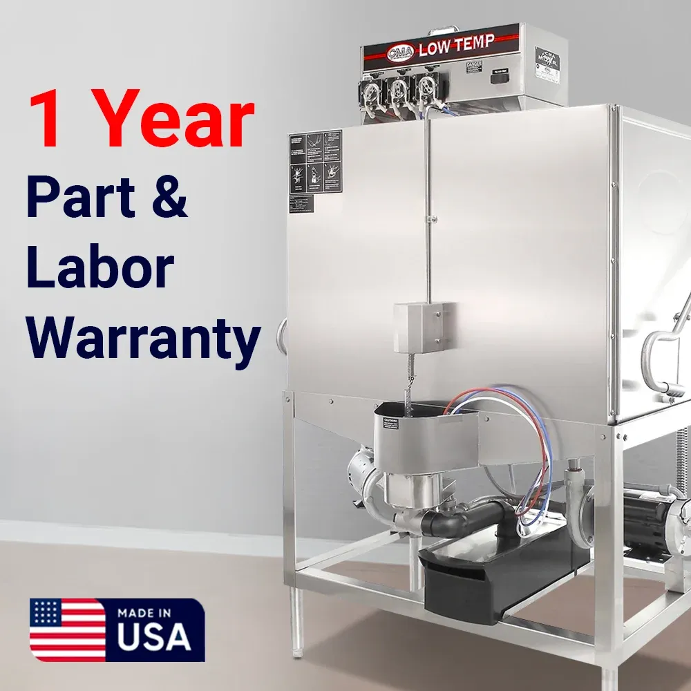 double-rack low-temp CMA dishwasher for high-volume hotel kitchens, handling large pots with quiet, energy-efficient performance in upright format.