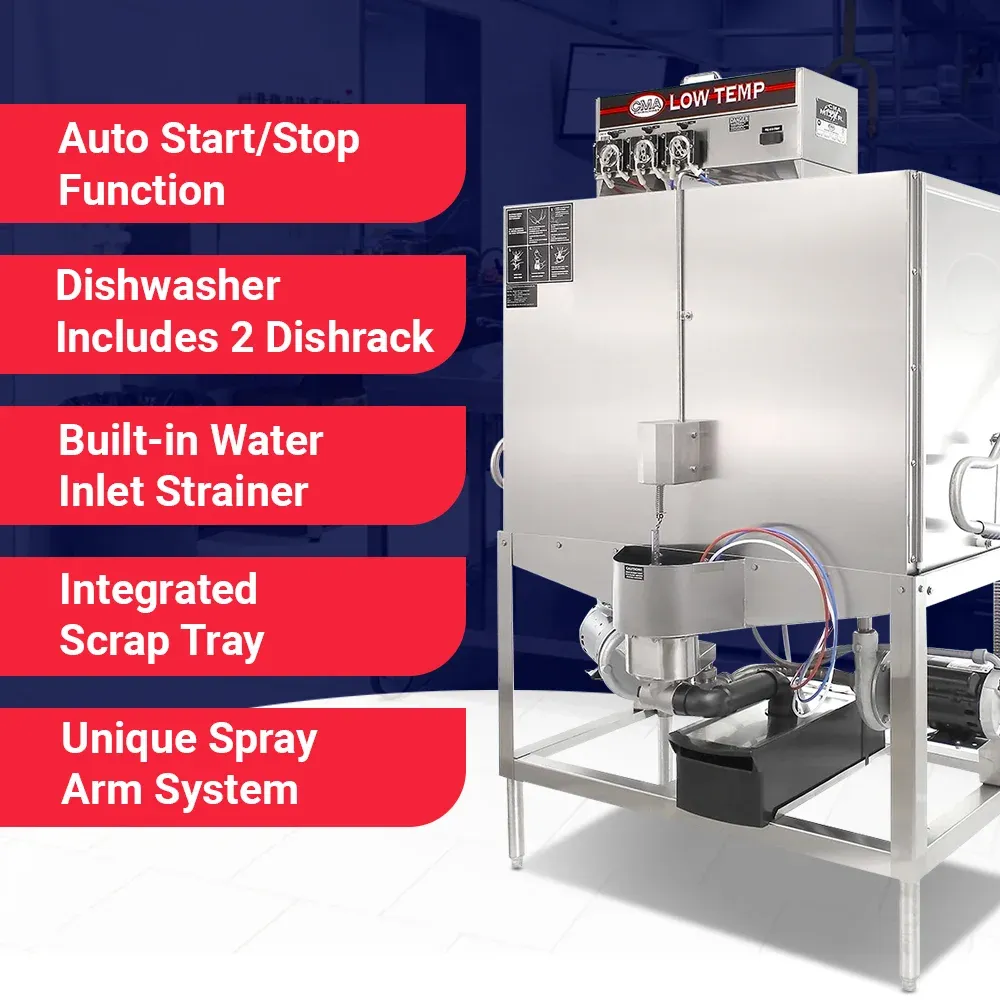 double-rack low-temp CMA dishwasher for high-volume hotel kitchens, handling large pots with quiet, energy-efficient performance in upright format.
