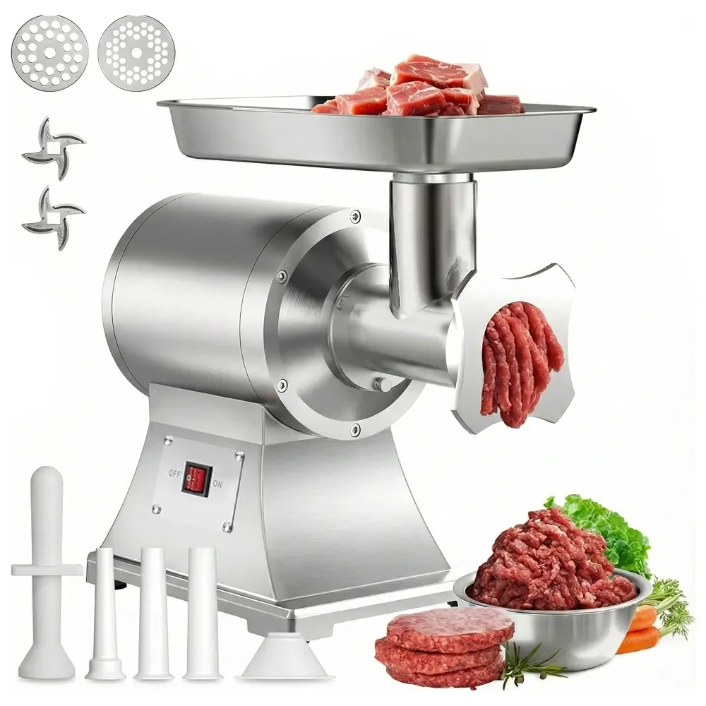 ChefPro Series Commercial Meat Grinder, 0.9HP Stainless Steel Heavy Duty Electric with 2 Blades & Pusher