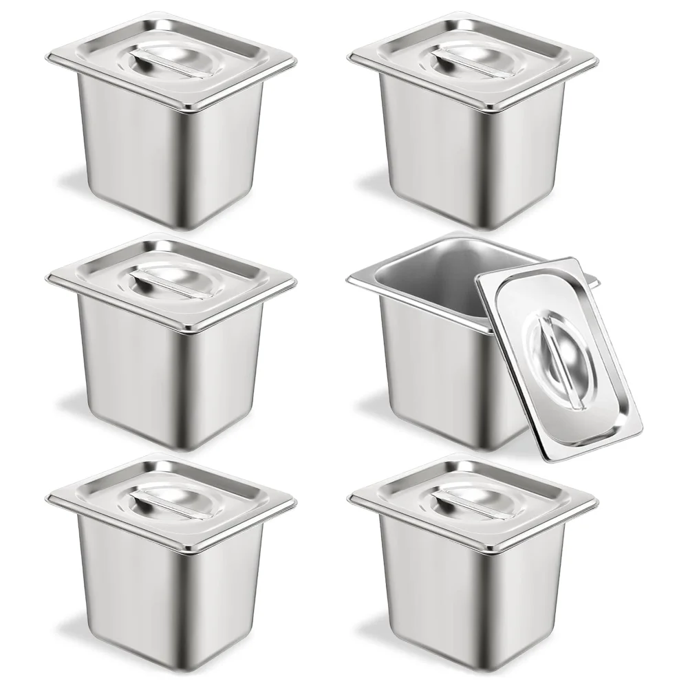ServeCraft Series 6" Deep Hotel Pans with Lids, 1/6 Size, 2.7 Qt, Stainless Steel, 6 Sets