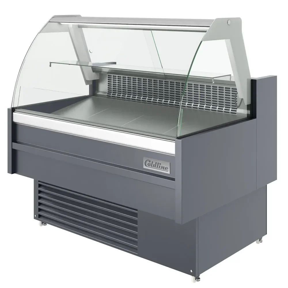 Coldline 48" Refrigerated Meat Deli Case, Curved Glass, Rear Storage, 1 Year Warranty