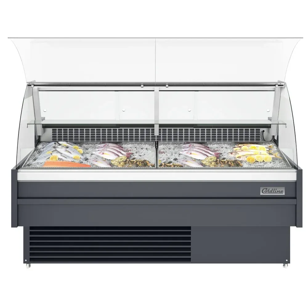 Coldline 72" Refrigerated Fish Display Case, Curved Glass, Ice Bin and Drain, 1 Year Warranty
