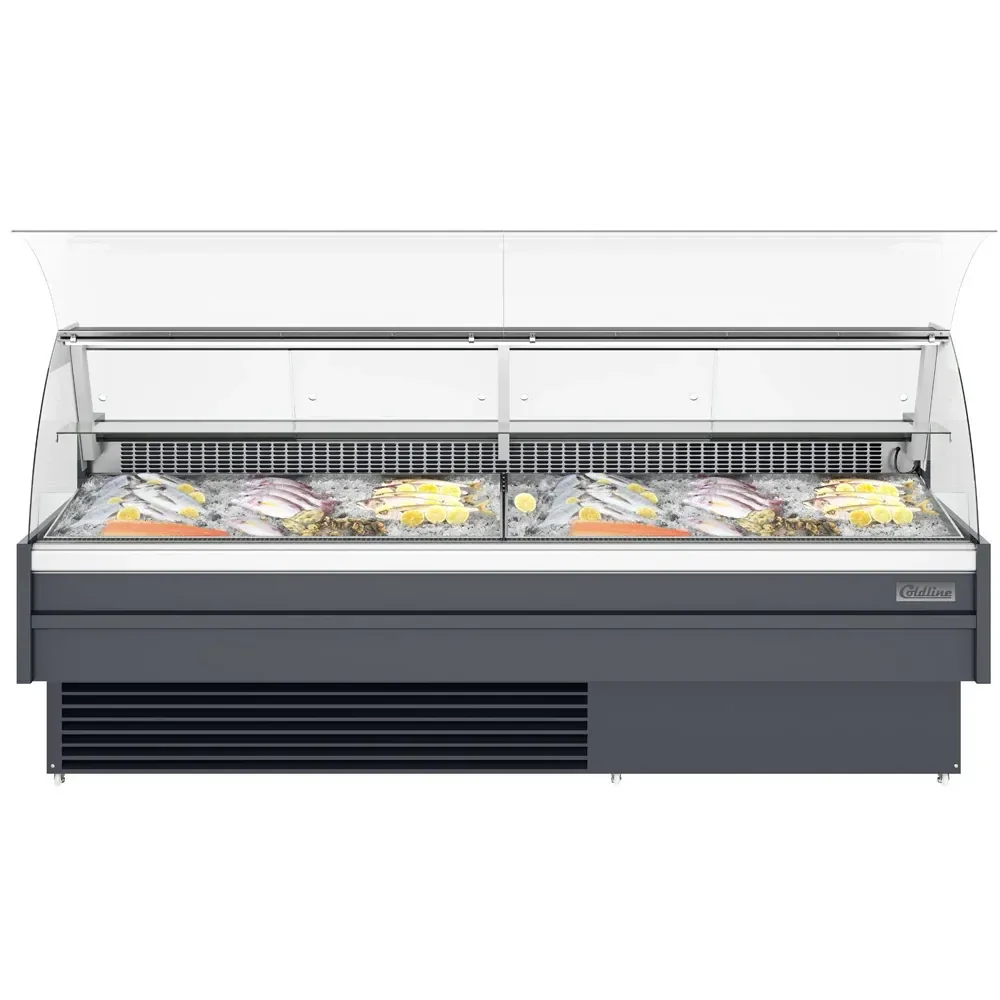 Coldline 102" Refrigerated Fish Display Case, Curved Glass, Ice Bin and Drain, 1 Year Warranty