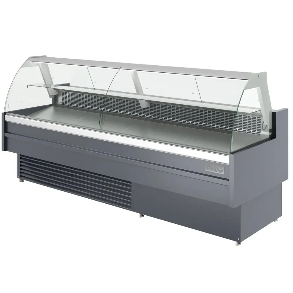 Coldline 102" Refrigerated Meat Deli Case, Curved Glass, Rear Storage, 1 Year Warranty