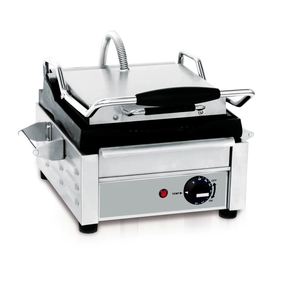 PrepMaster Series Commercial Electric Panini Grill With Ribbed Upper and Lower Plates, 10 x 10" Cooking Surface, 1800W, 120V