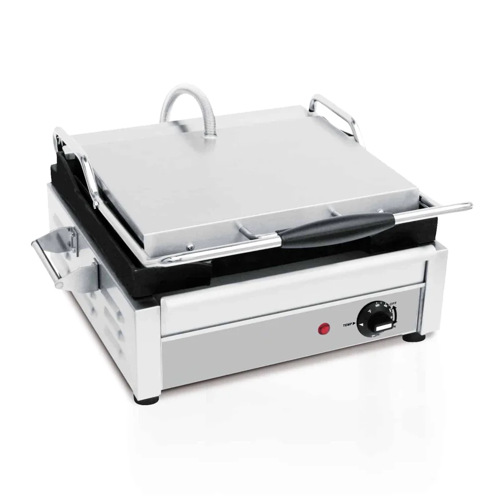 PrepMaster Series Commercial Electric Panini Grill With Ribbed Upper and Lower Plates, 15 x 11" Cooking Surface, 2400W, 220-240V