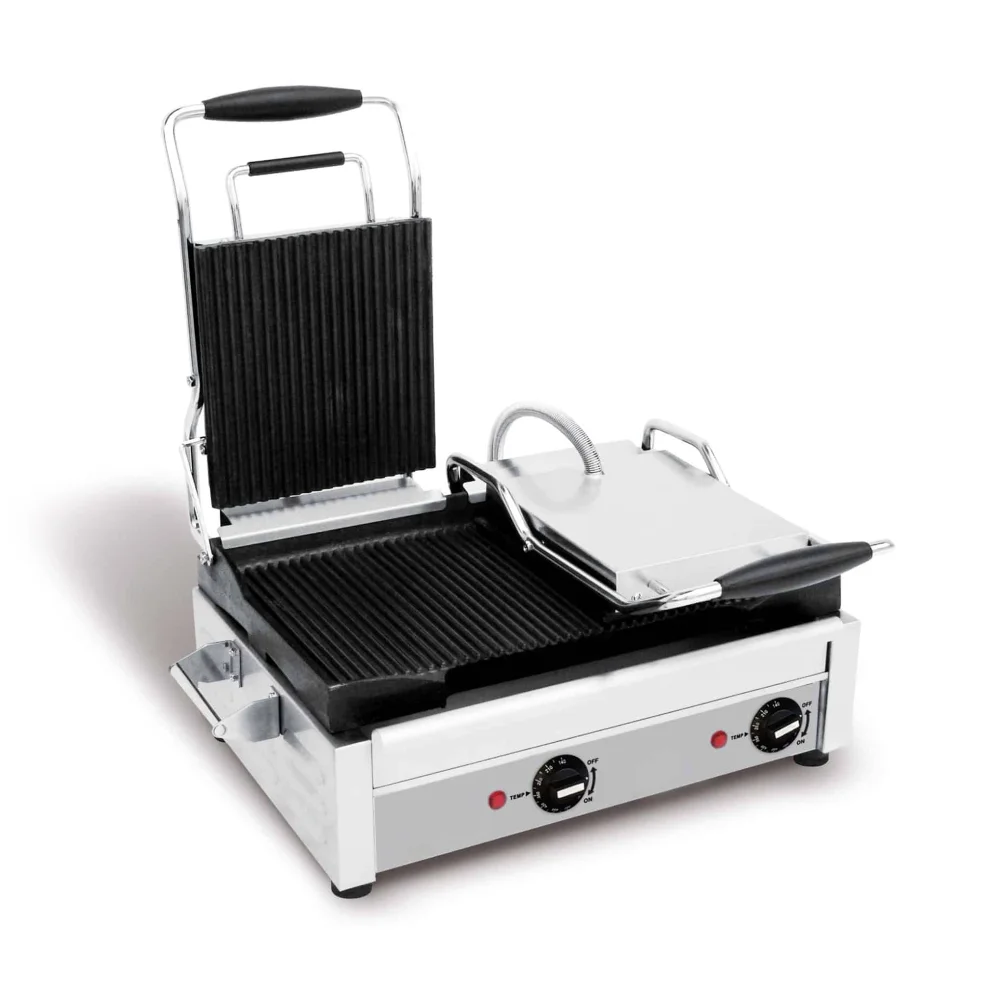 PrepMaster Series Commercial Electric Panini Grill With Flat Plates On Left and Ribbed Plates On Right, 11 x 18" Cooking Surface, 3200W, 240V