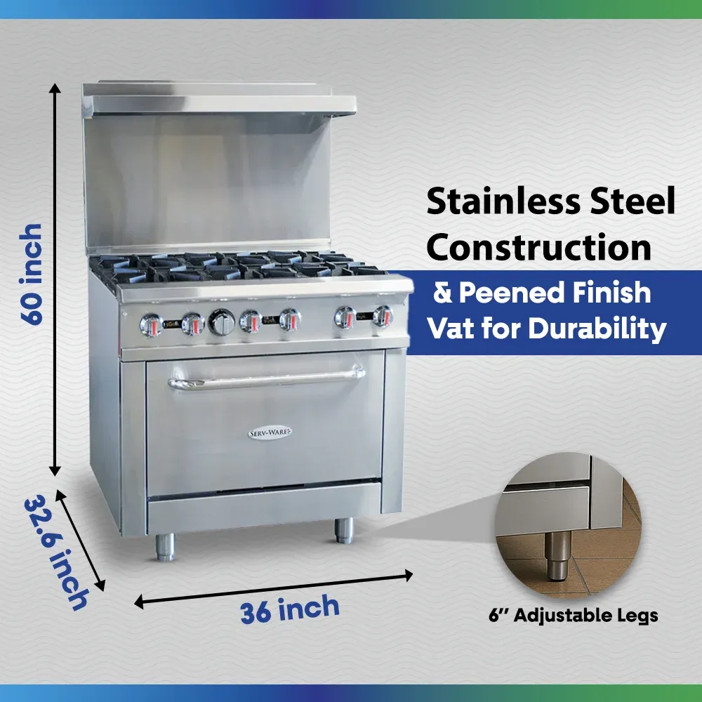 Serv-Ware SGR-6B 36" Commercial 6-Burner Range with Oven, Stainless Steel, Natural Gas, 30,000 BTU