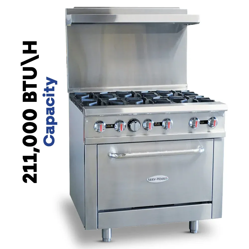 Serv-Ware SGR-6B 36" Commercial 6-Burner Range with Oven, Stainless Steel, Natural Gas, 30,000 BTU