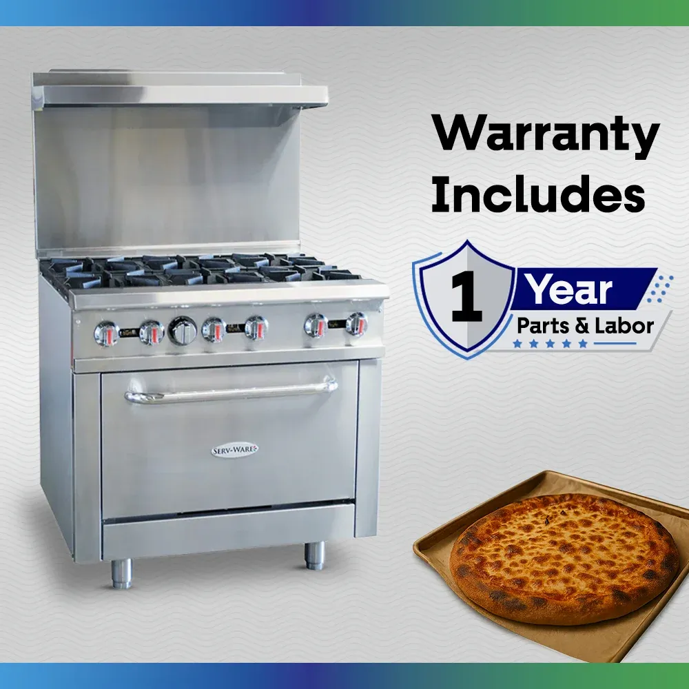 Serv-Ware SGR-6B 36" Commercial 6-Burner Range with Oven, Stainless Steel, Natural Gas, 30,000 BTU