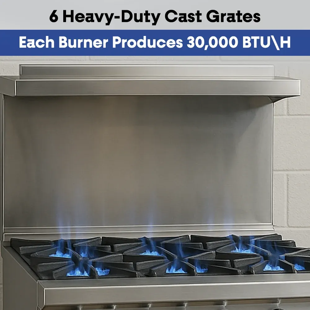 Serv-Ware SGR-6B 36" Commercial 6-Burner Range with Oven, Stainless Steel, Natural Gas, 30,000 BTU