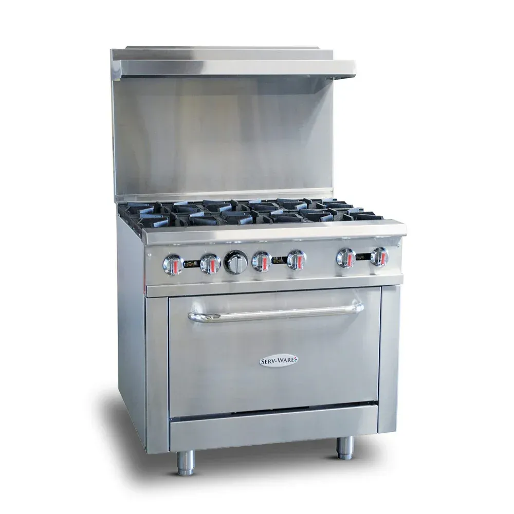 Serv-Ware SGR-6B 36" Commercial 6-Burner Range with Oven, Stainless Steel, Natural Gas, 30,000 BTU