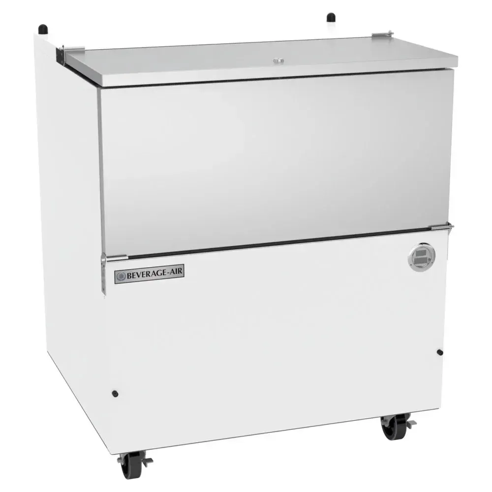 White cold-wall milk cooler in sleek finish from Beverage-Air, providing reliable cooling and daily performance for cafeterias and cafes.