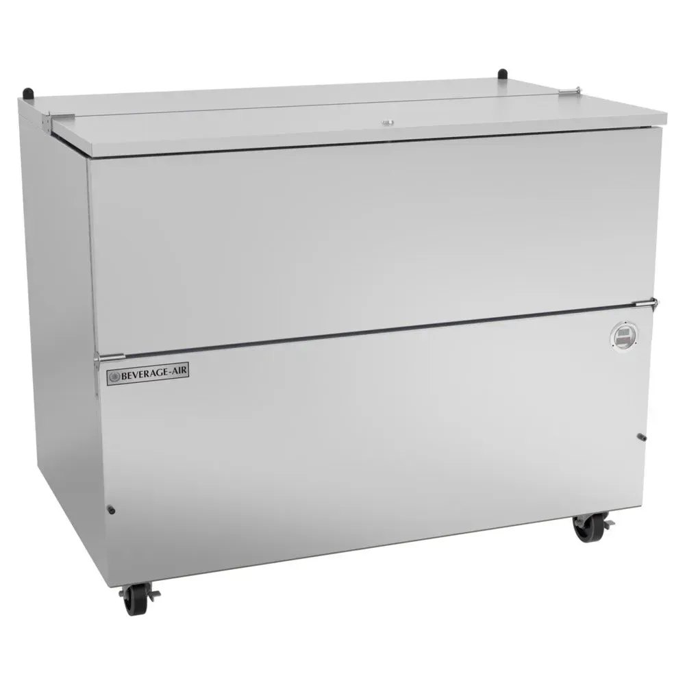 Stainless steel milk cooler with corrosion-resistant finish from Beverage-Air, offering single-sided access for reliable dairy preservation.