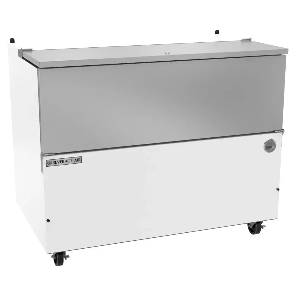 White cold-wall milk cooler with single-sided access from Beverage-Air, delivering durable, energy-efficient refrigeration for foodservice.