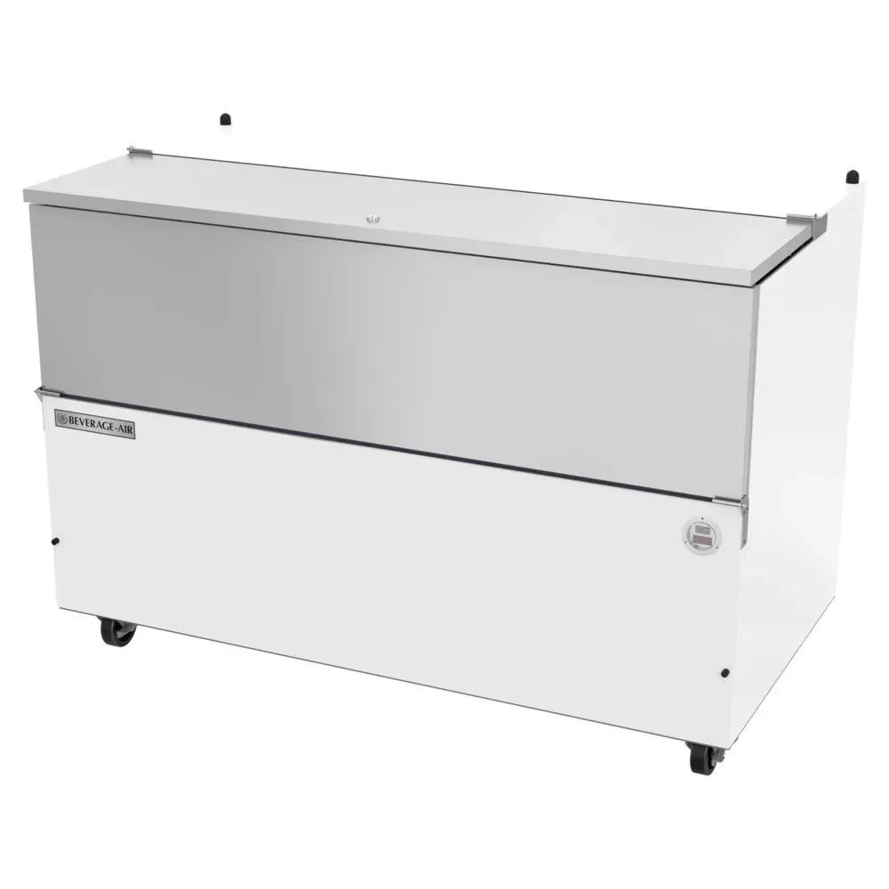 White milk cooler with stainless interior from Beverage-Air, featuring cold-wall cooling for dependable dairy storage in high-volume use.