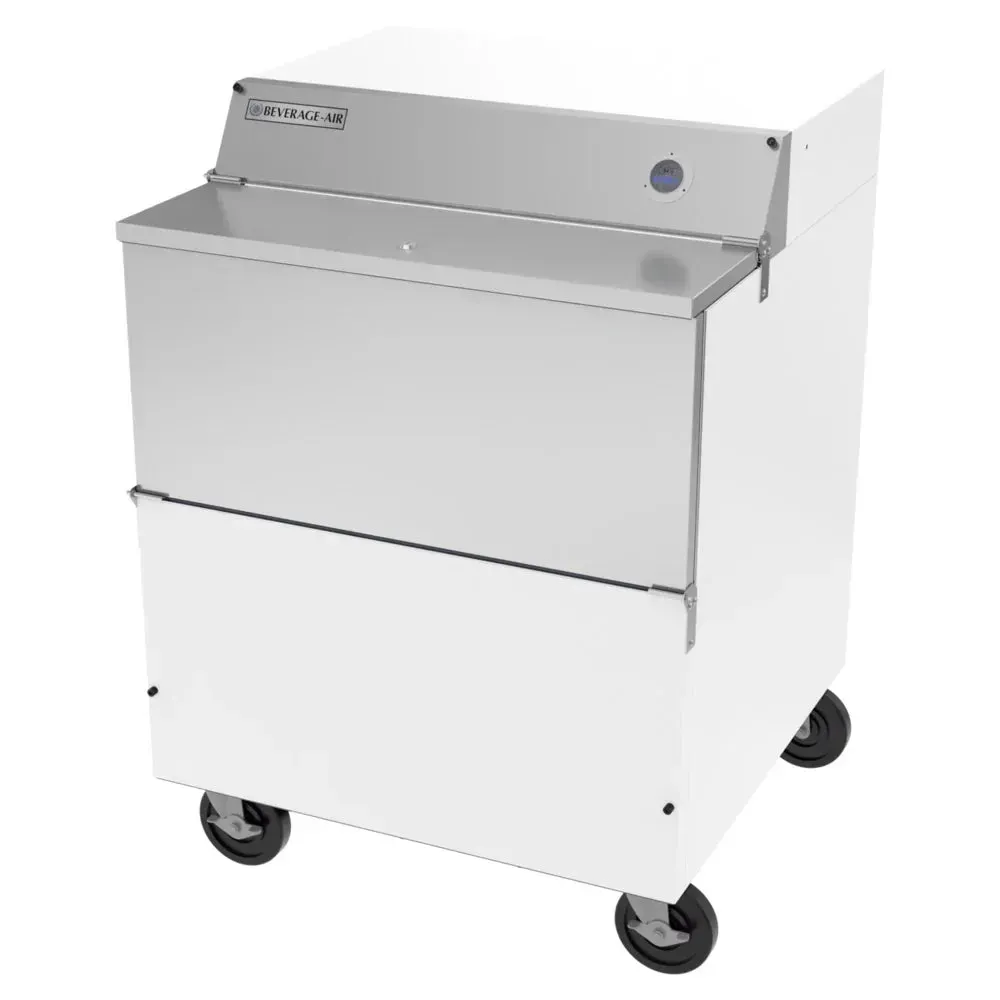 White forced-air milk cooler with single-sided access from Beverage-Air, ensuring easy cleaning and consistent temperature for dairy.