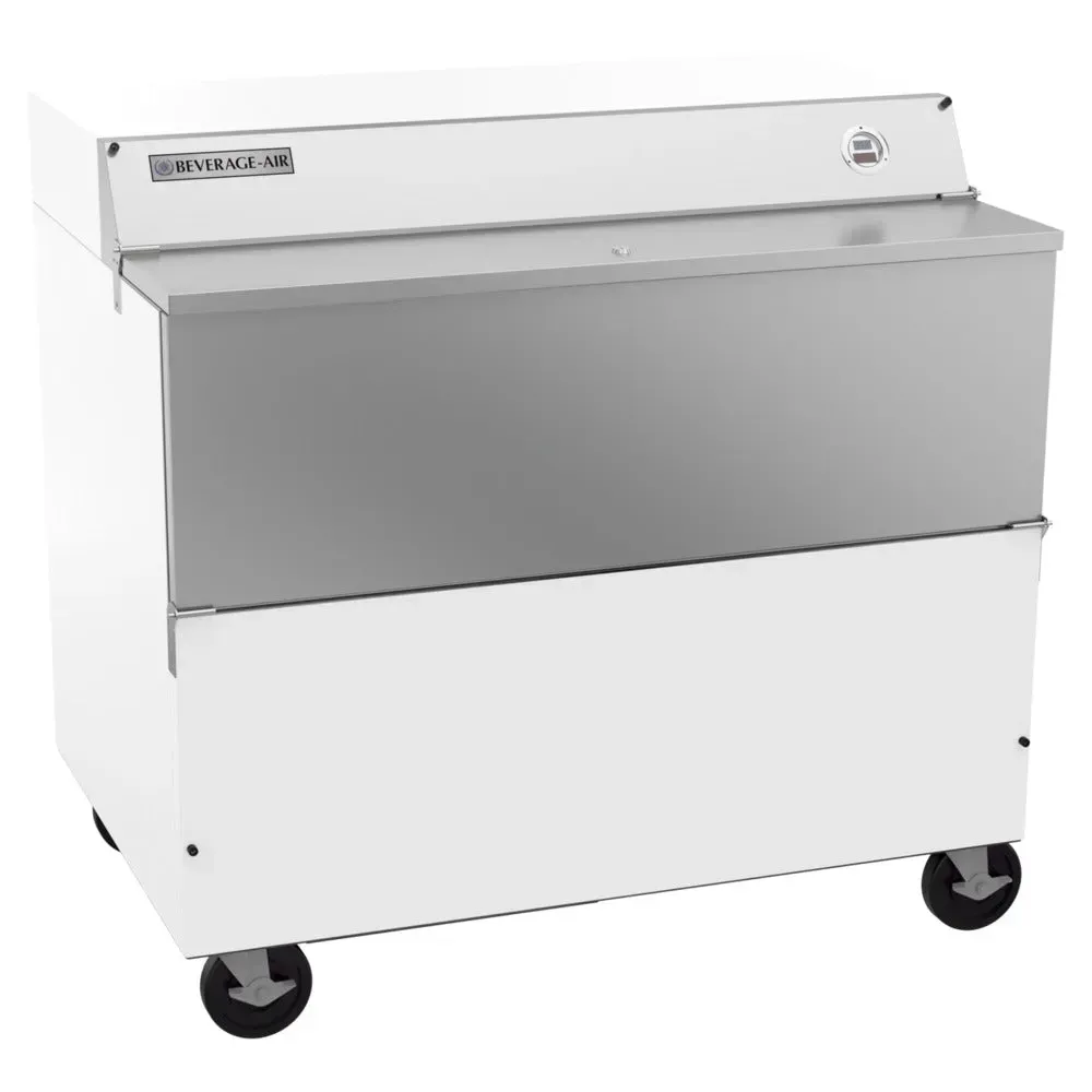 White forced-air milk cooler with stainless interior from Beverage-Air, ensuring rapid temperature recovery and hygienic milk storage.
