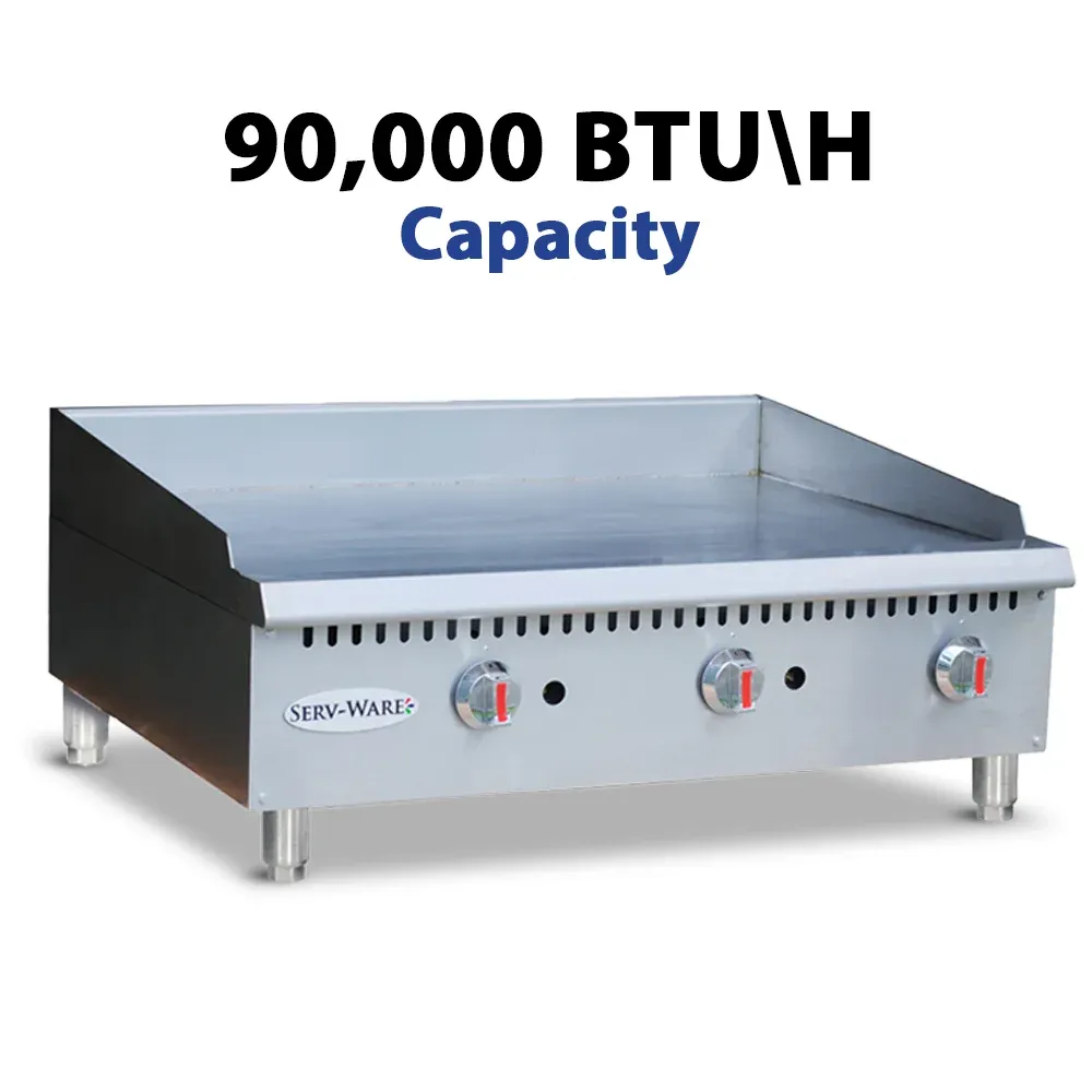Serv-Ware SMGS-36 36" Manual Griddle, 3 Burners, Stainless Steel, Natural Gas, 30,000 BTU/H