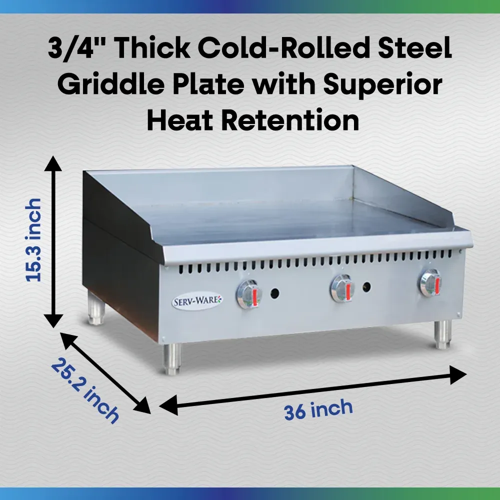 Serv-Ware SMGS-36 36" Manual Griddle, 3 Burners, Stainless Steel, Natural Gas, 30,000 BTU/H