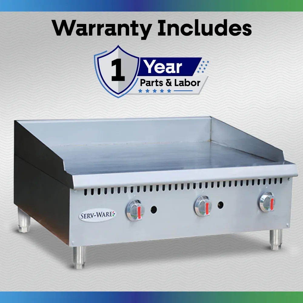 Serv-Ware SMGS-36 36" Manual Griddle, 3 Burners, Stainless Steel, Natural Gas, 30,000 BTU/H
