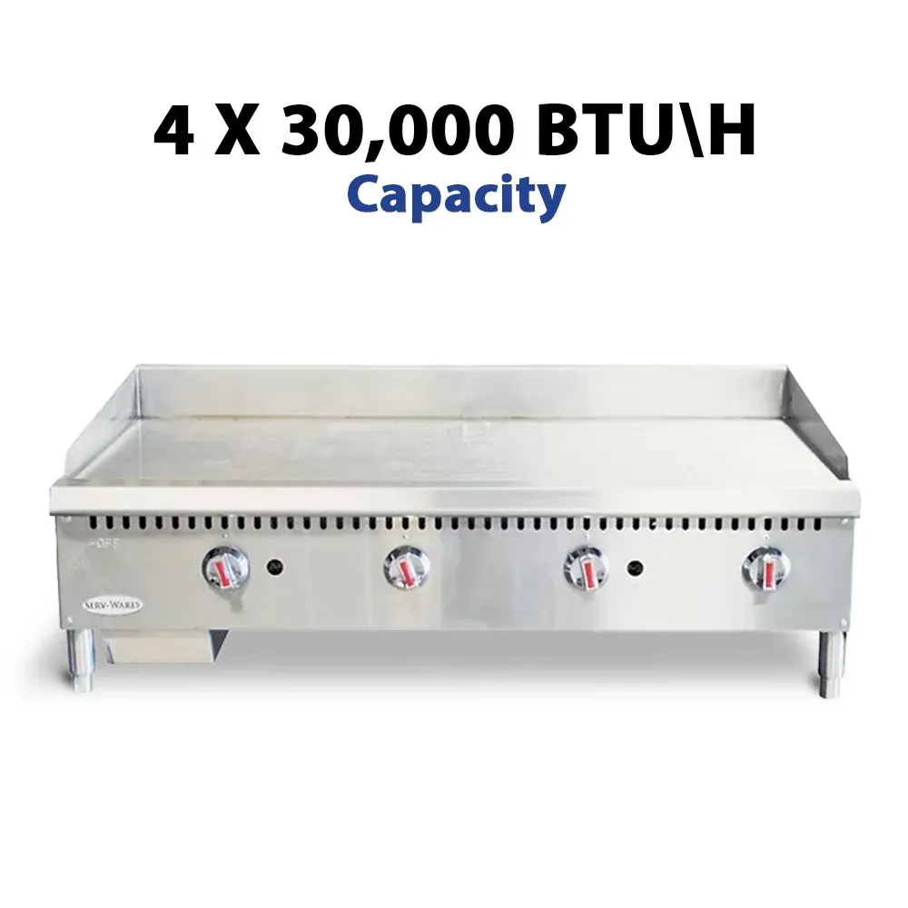 Serv-Ware SMGS-48 48" Manual Griddle with 4 Burners, Stainless Steel, Gas, 30,000 BTU/H
