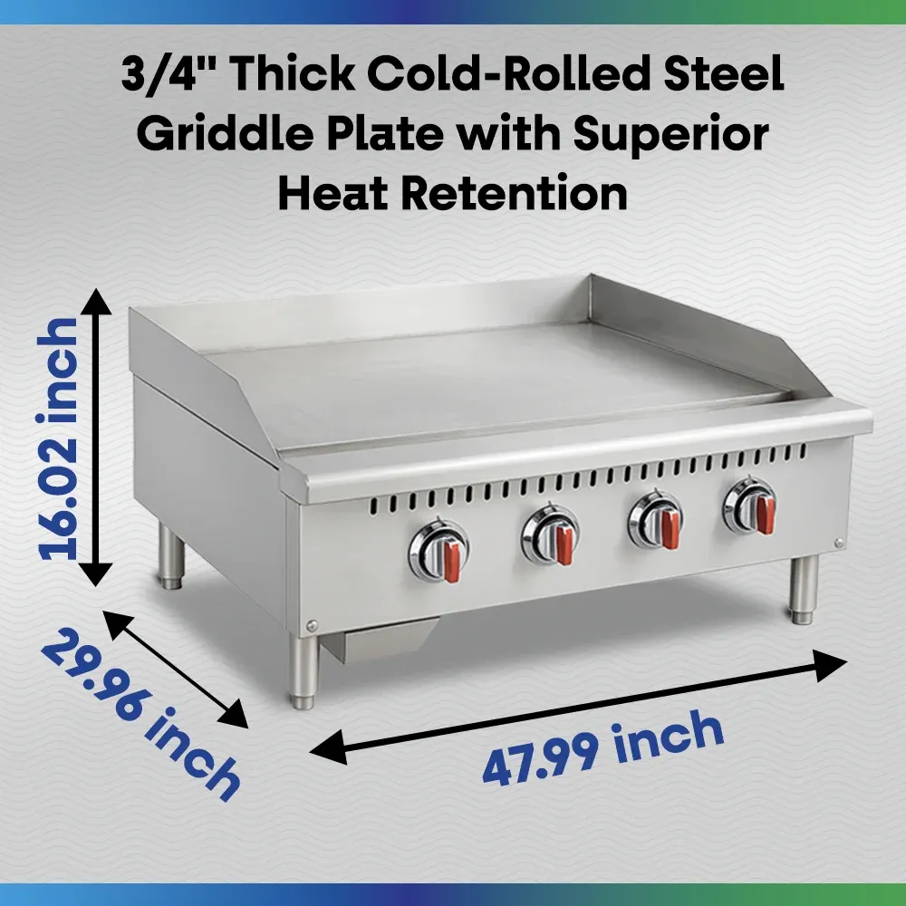 Serv-Ware SMGS-48 48" Manual Griddle with 4 Burners, Stainless Steel, Gas, 30,000 BTU/H
