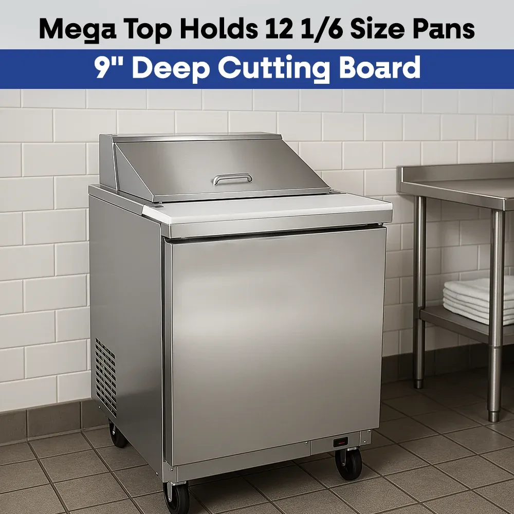 Serv-Ware SP29-12M-HC 29" Mega Top Sandwich Prep Table, 1 Solid Door, 12 Pan Capacity, Stainless Steel, 7 cu.ft., 115v/1ph
