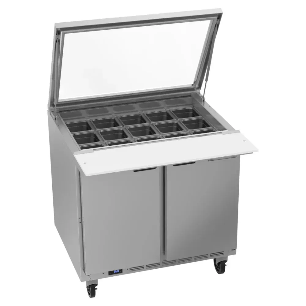 Stainless steel two-door mega-top refrigerated sandwich prep table by Beverage-Air, ideal for busy commercial kitchens with high demand.
