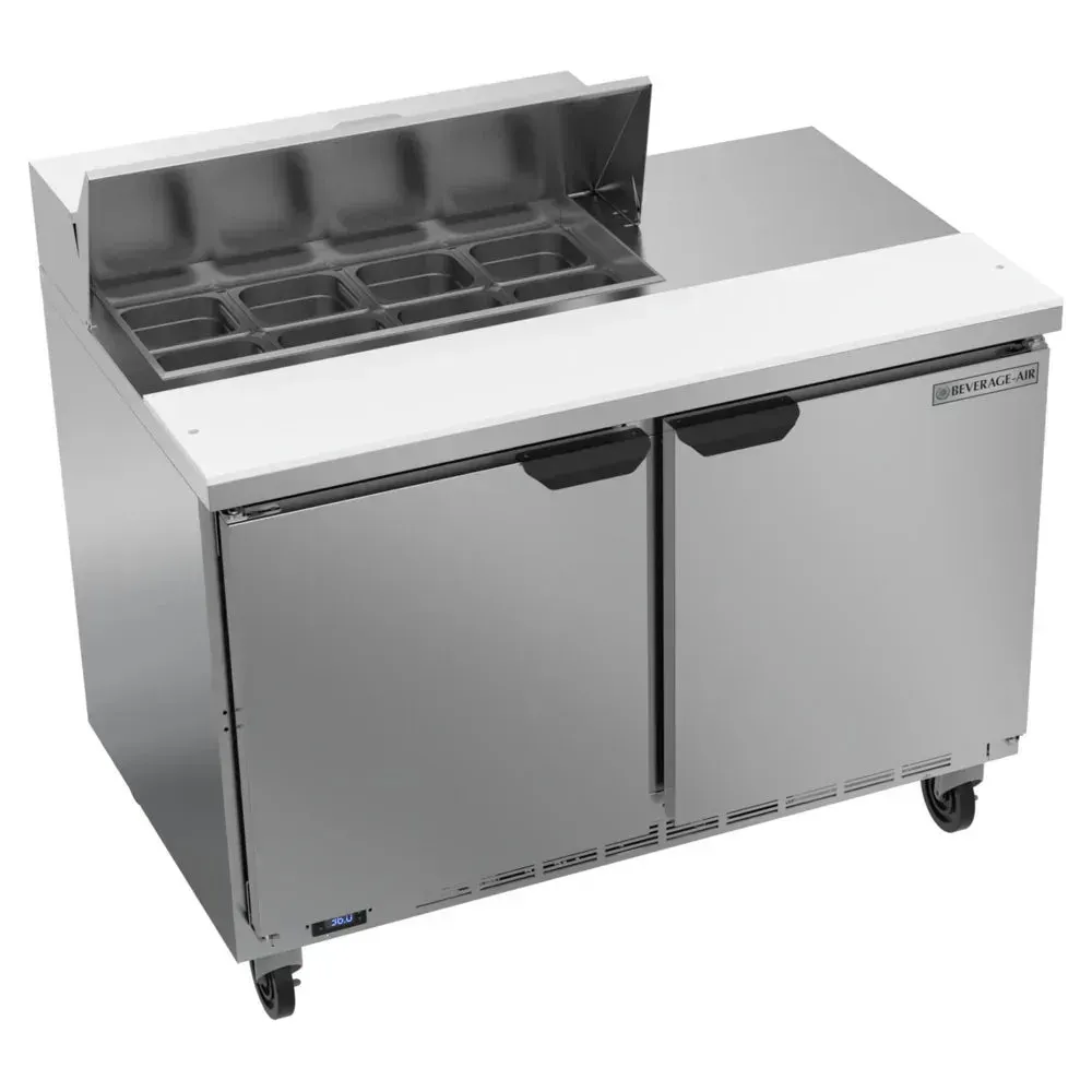 Beverage-Air two-door refrigerated sandwich prep table with storage base designed for efficient food preparation and reliable cooling.