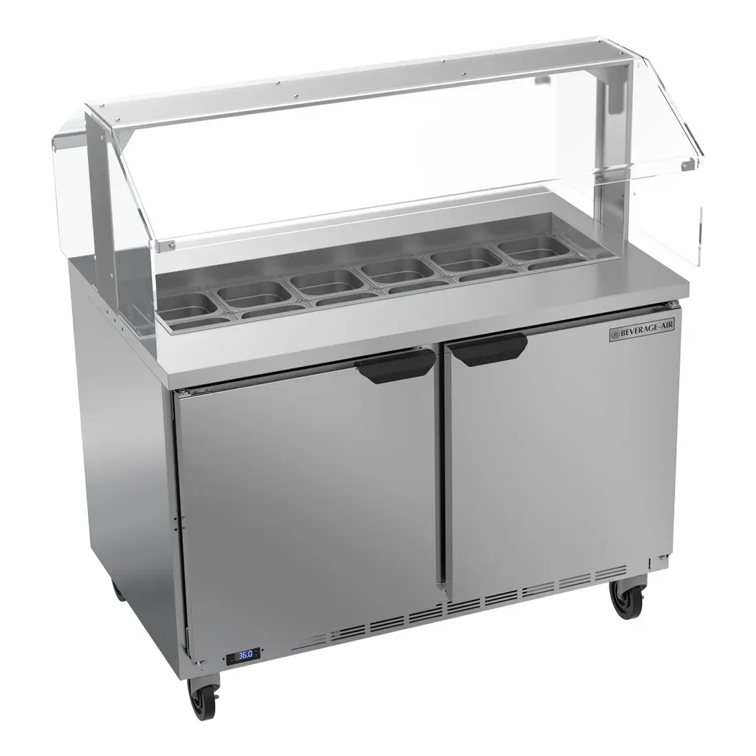 Beverage-Air condiment prep table with sneeze guard keeping ingredients safe and organized for cafes, delis, and commercial kitchens.