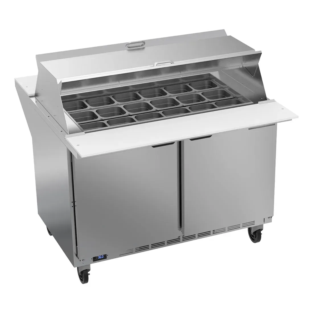 Beverage-Air two-door mega-top dual-sided refrigerated prep table serving both kitchen sides for fast and efficient sandwich assembly.