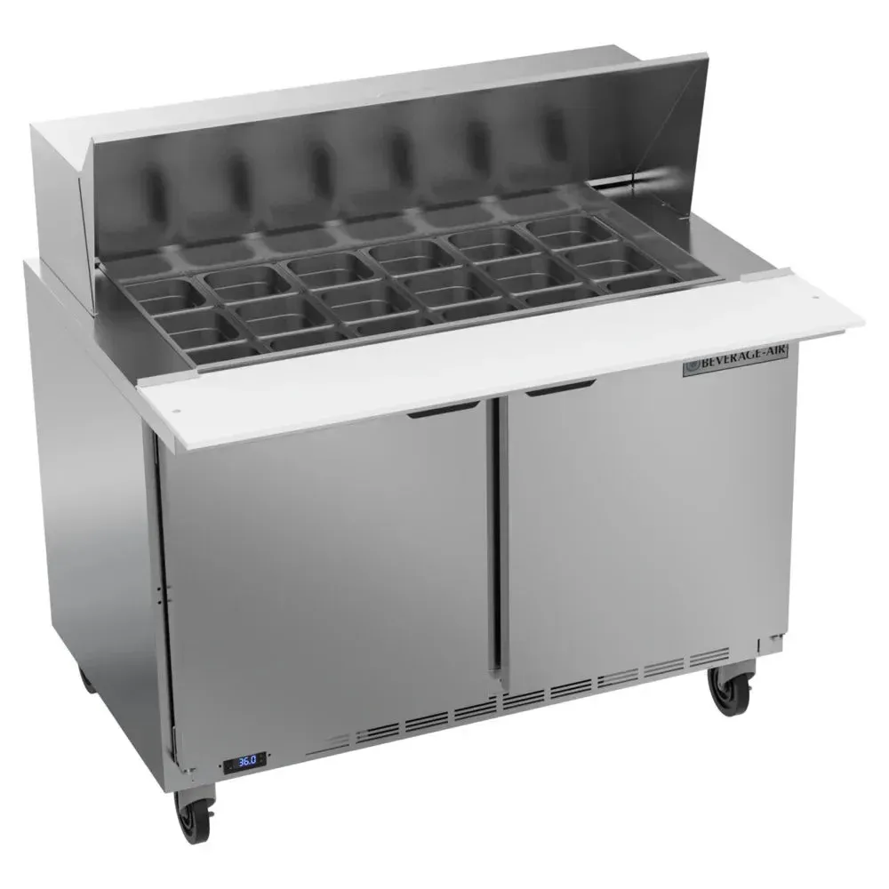 Beverage-Air two-door mega-top refrigerated sandwich prep table offering compact yet ample cold storage for busy kitchens and cafes.