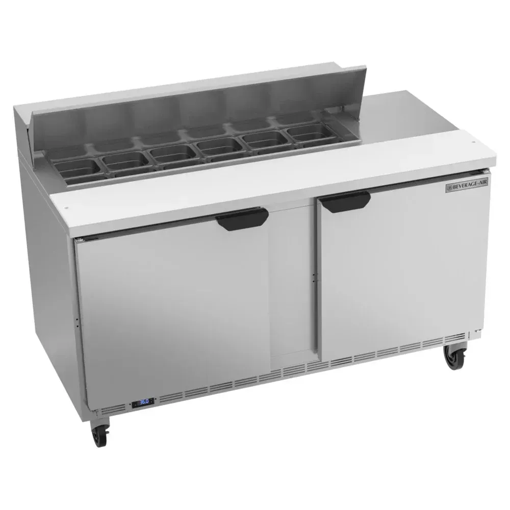 Beverage-Air two-door stainless steel refrigerated sandwich prep table built for high-volume durability and daily commercial use.