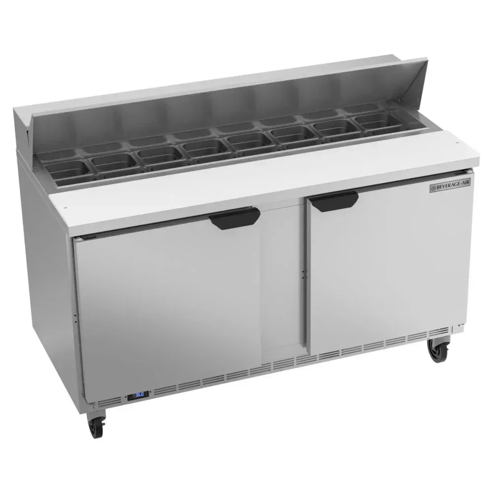 Beverage-Air two-door refrigerated sandwich prep table combining sleek stainless steel style with dependable cold storage performance.