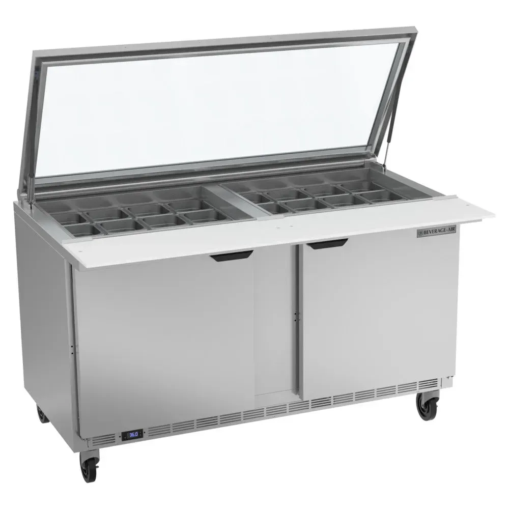 Beverage-Air two-door mega-top glass-lid refrigerated prep table showcasing ingredients while keeping them chilled for deli counters.