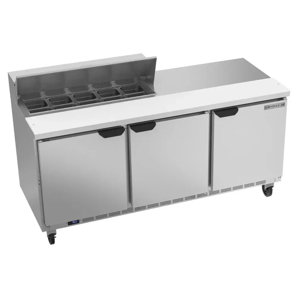Beverage-Air three-door refrigerated sandwich prep table offering reliable cooling and generous workspace for efficient kitchen service.