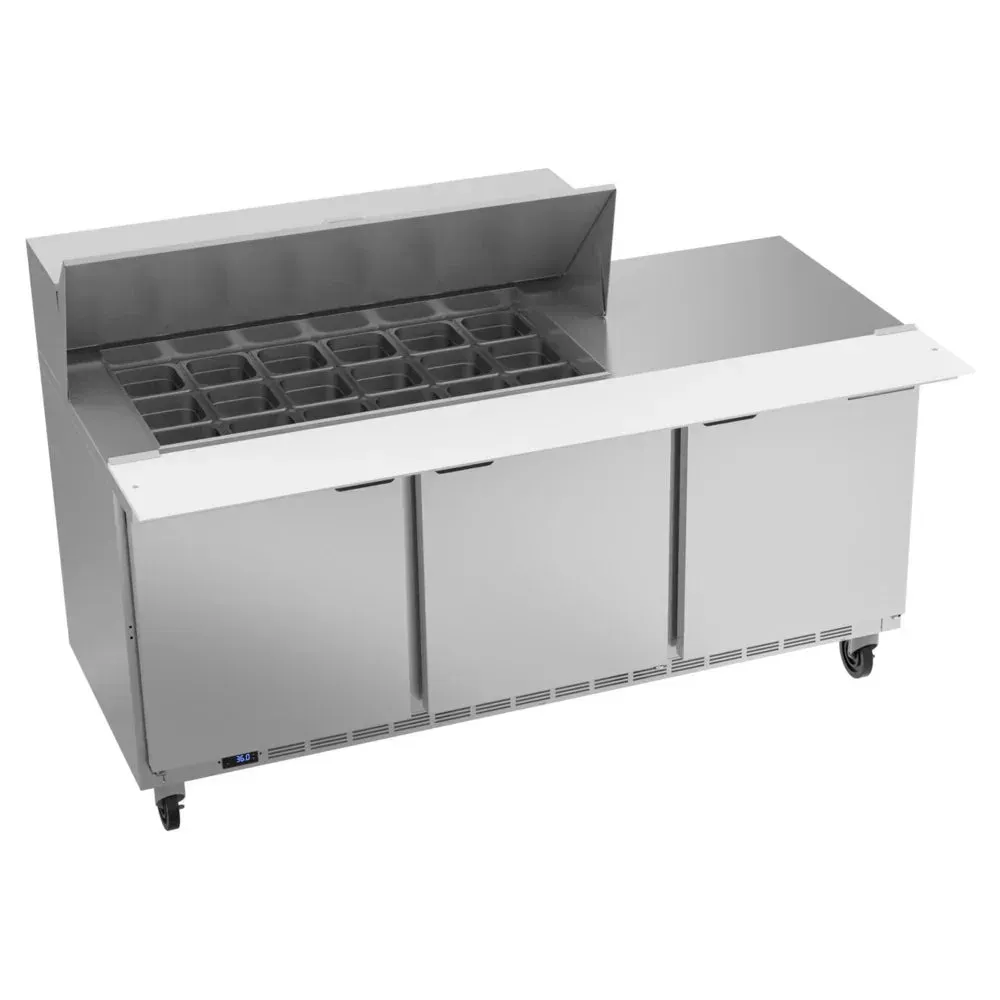 Beverage-Air three-door mega-top refrigerated sandwich prep table offers ample cold storage for deli counters and high-volume kitchen use.