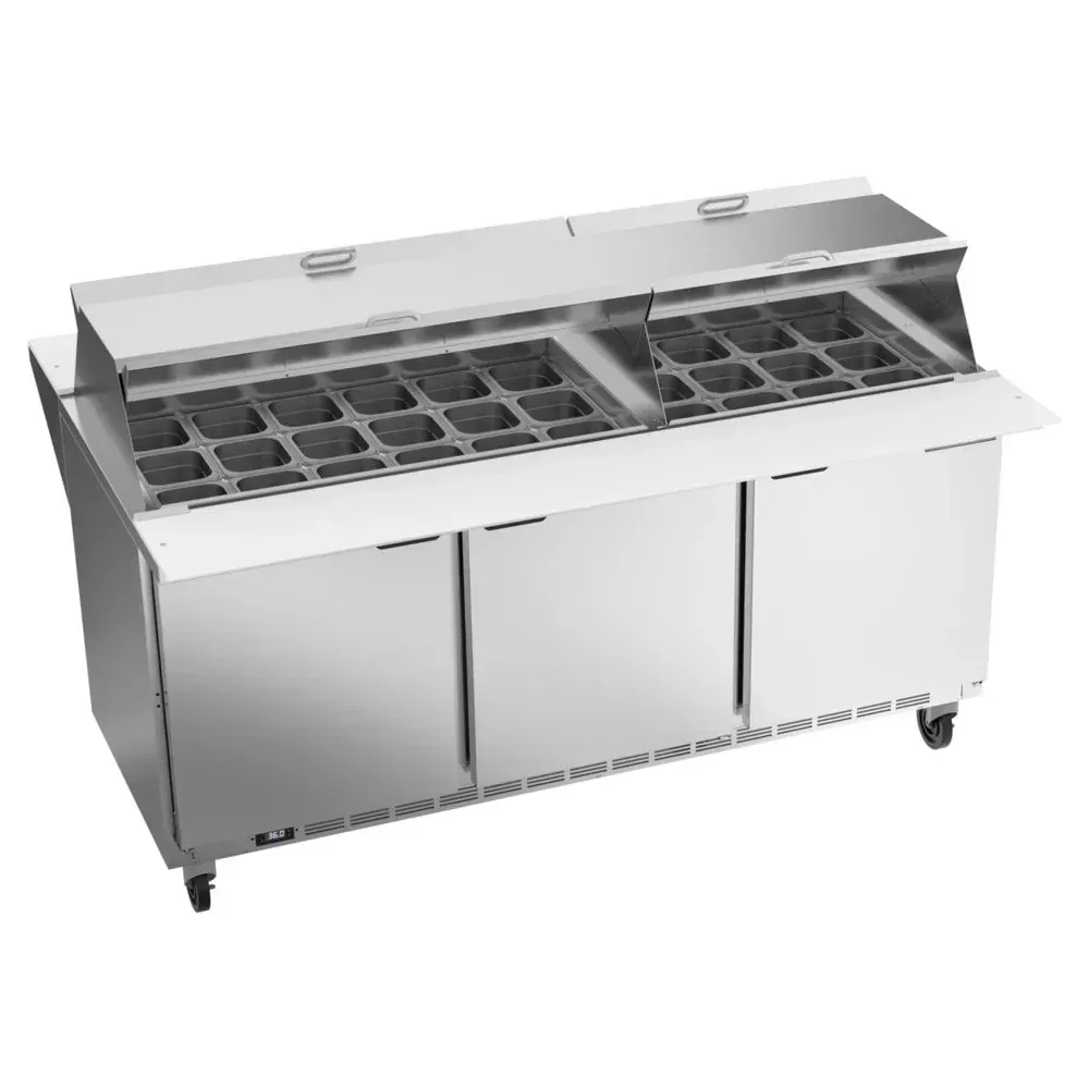 Beverage-Air three-door mega-top dual-sided prep table built to serve both sides of busy kitchen lines with refrigerated ingredient access.