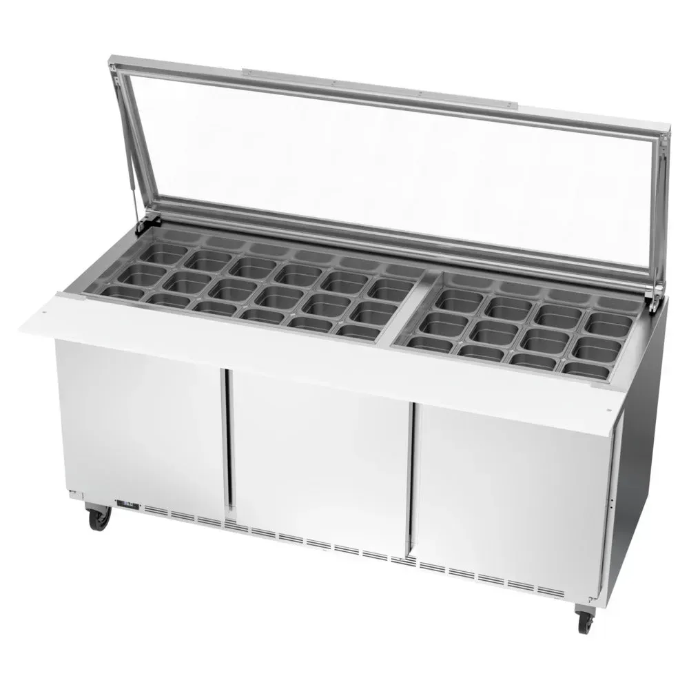 Beverage-Air SPE72HC-30M-STL Elite Series 72" Refrigerated Sandwich Prep Table, Mega Top, Glass Lid, 3 Door