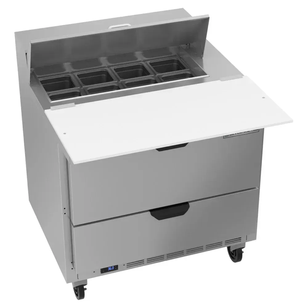 Two-drawer mega-top salad prep table from Beverage-Air with deep cutting board, perfect for fresh ingredients in fast-paced kitchens.