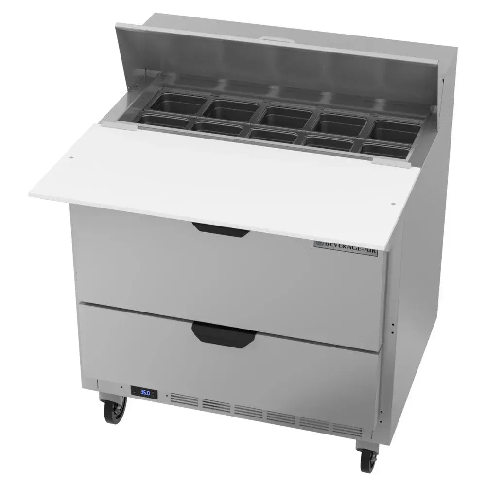 Beverage-Air SPED36HC-10C-2 36" Refrigerated Sandwich Prep Table, Cutting Top, 2 Drawer, 17" Wide Cutting Board