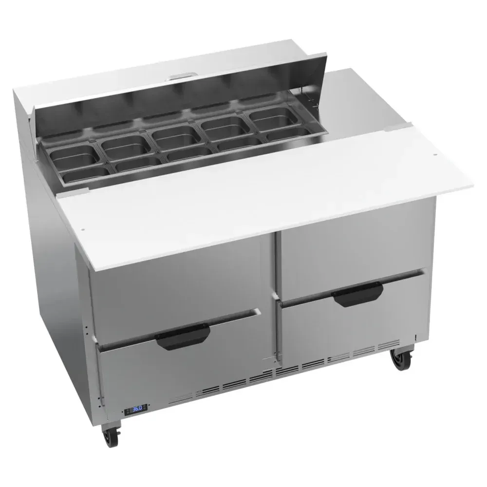 Cutting-top refrigerated sandwich prep table with four drawers from Beverage-Air, perfect for daily fresh sandwich preparation tasks.