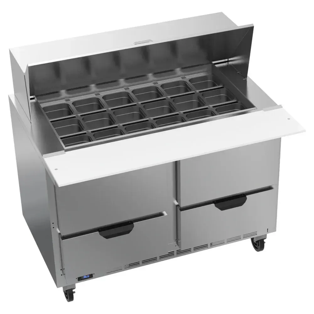 Mega-top refrigerated sandwich prep table with four drawers from Beverage-Air, built for generous topping storage and streamlined assembly.