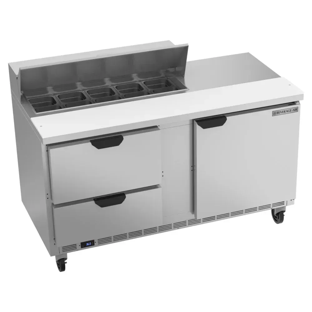 Sandwich prep table with one door and two drawers from Beverage-Air, offering flexible cold storage for compact commercial prep areas.